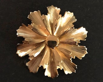 Gold Tone Carnation Flower Brooch, Scalloped Trim, Vintage 1970's
