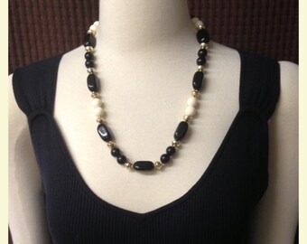 Vintage Black and White Beaded Necklace, Muti Shape Beads, Long Length, Seasonal, Casual, 1970's