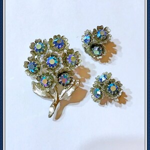 Blue Rhinestone Flower Brooch, Aurora Borealis, Matching Clip on Earrings, Vintage 1970's image 1