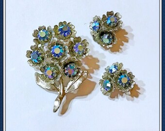 Blue Rhinestone Flower Brooch, Aurora Borealis, Matching Clip on Earrings,  Vintage 1970's