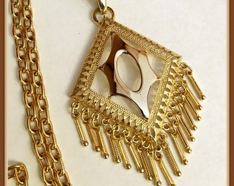 Gold Tone Dangle Pendant Necklace, Long, Mod, Diamond Shape, Vintage 1980's