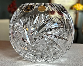 Crystal Rose Bowl, Světlá nad Sázavou, Hand Cut, Bohemia, Czech Republic, Vintage