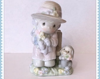 Salt and Pepper Shakers, Enesco, Girl, Dog, Flowers, Bench, Vintage 1997