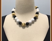 Black and White Beaded Necklace, Shiny Gold Tone Beads, Vintage 1970 39 s 1980 39 s