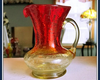 Red Orange Amberina Pitcher, Crackle, Yellow, Small, by Kanawha, Vintage