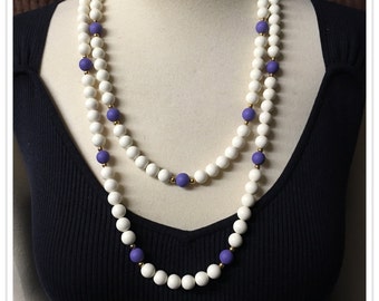 Trifari Violet Beaded Necklaces, Off White Beads, Crown T, Two Seperate Strands, NWT, Signed, Vintage 1950's 1980's
