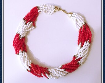 Red and White Torsade Choker, 10 Strands, Small to Medium Neck, Vintage 1980's