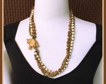 Elephant Beaded Necklace, Tribal, Long length, Bone Beads, Multi Strand, Vintage 1960's