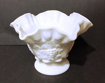 Milk Glass Candy Bowl, Compote, Westmoreland, Grape and Leaf, Ruffled, Crimped, Vintage