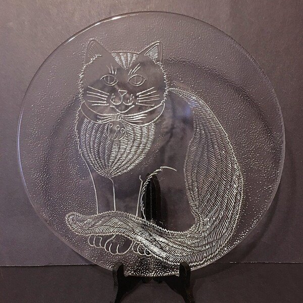 Large Cat Serving Platter, Pilgrim Glass, Heavy, 3 Lbs., Etched, Textured, Vintage  1970's 1980's