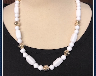 Trifari White Beaded Necklace, Signed, Clear Gold Tone filled Beads, Vintage 1980's