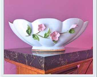 Lefton White Candy Bowl, Pink Flowers, Gold Accent, Hand Painted, Original Label, Oval, Vintage 1960 to 1983