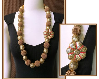 Long Chunky Necklace, Fabric, Thread, Wood, 35 1/2 inches, Padded Flower, Brown, Gold, Faux Reptile Design, Vintage