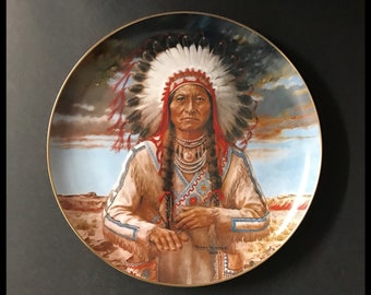 Native American Indian Chief Collector Plate, Sitting Bull, Lord’s of the Plains Series, Plate Holder, Richard Nickerson, Vintage