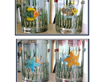Summer Party 3D Beaded Murano Glasses, Set of 4, Fish, Starfish, 12oz., Home Essentials, Vintage