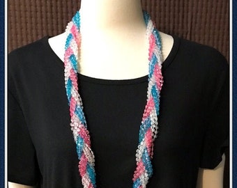 Pink and Blue Necklace, Chunky, Torsade, Long, Pink, Blue, 43 inches, Fits all Sizes, Vintage 1970's