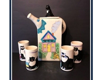 Whimsical Cat Themed Tea Pot and Mugs, Artist Sue Bolt, Large, Original, One of a Kind, Hand Formed, Signed, Vintage