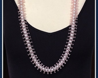 Long Pink Necklace, Faux White Pearls, 36 inches, Dog Bone Shaped Beads, 1970's