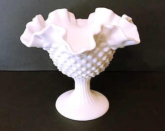 White Milk Glass Pedestal Candy Bowl, Compote, Hobnail, Double Crimped, Vintage 1960&#39;s