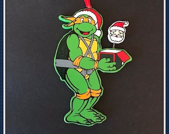 Christmas Teenage Mutant Ninja Turtle Ornament with Motion Santa, Michelangelo, Rare, Wood, Vintage 1990