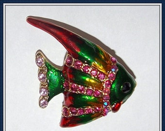 Multi Color Fish Brooch, Enamel Green, Red, Gold, Pink Rhinestones, Vintage 1970's