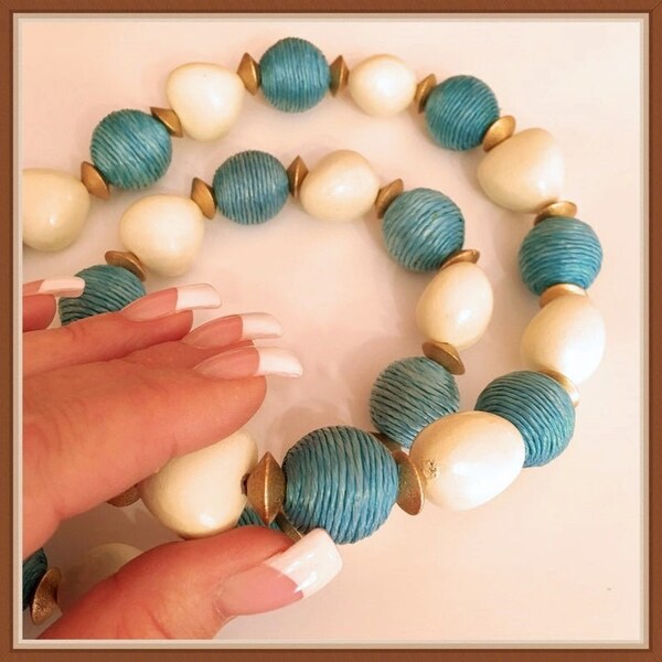 Chunky White and Aqua Necklace, Long, Wooden Beads, Vintage 1980's