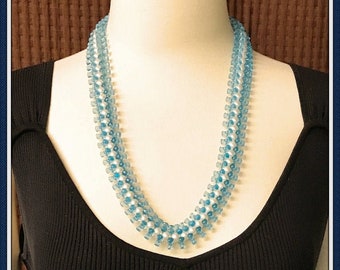 Vintage Aqua Blue Beaded Necklace, Dog Bone Shaped Beads, White Faux Pearls, 1970's