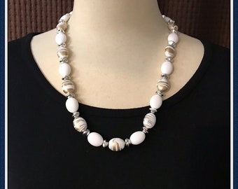 White Beaded Necklace, Silver Tone, Gold Tone Swirls, Vintage