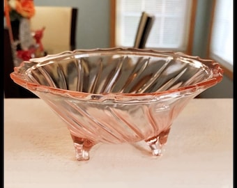 Pink Swirl Open Candy Dish, by Jeannette,  Depression Glass, 3 Leg Footed, Small Size, Vintage 1937 1938