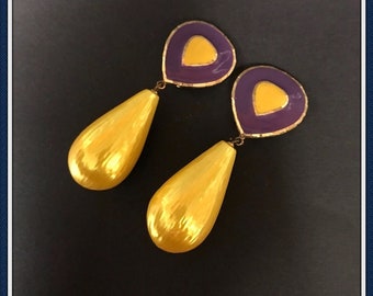 Super Large Yellow Clip on Earrings, Dangle, 3" Long, Teardrop, Purple, Bold, Statement, Vintage