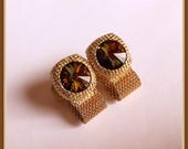 Gold Tone Mesh Cuff Links, Rivoli Glass Stone, Watermelon, Unisex, Vintage 1960 39 s