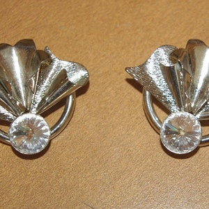 Silver Tone Flower Fan Earrings, Large Clear Stone, Pierced Earrings, Vintage image 2