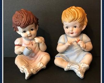 Large Baby Girl and Boy Figurines, Bisque Porcelain, Rare Find, 7.5 inches Tall, Vintage