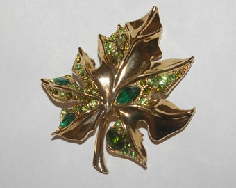 Leaf Brooch, Gold Tone, Green Rhinestones,  Vintage 1970s