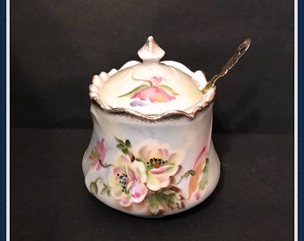 Lefton China Jam Jar with Lid, Condiment, Floral, Magnolia, Vintage