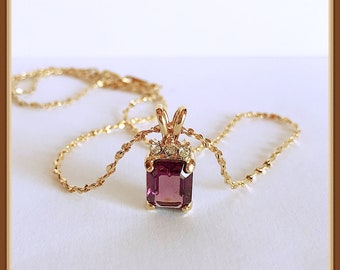 Purple glass Stone Necklace, Dainty, Rectangle, Gold Tone Chain,  Vintage 1980's