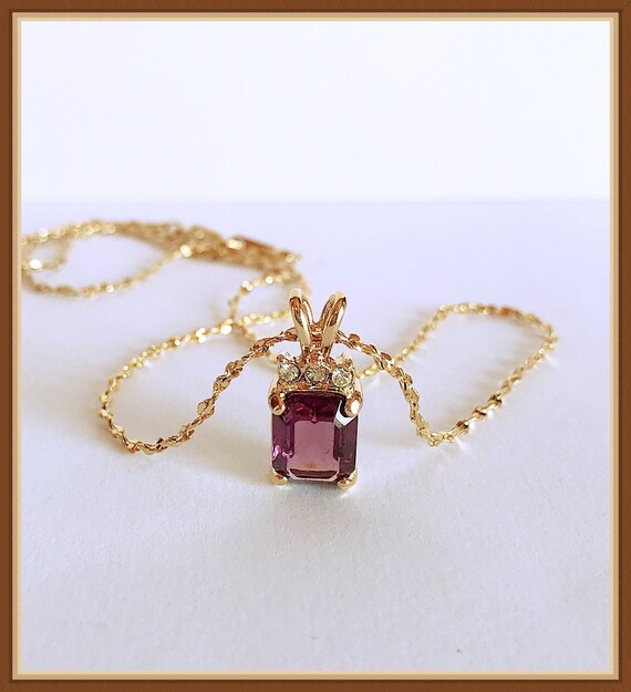 Purple Rhinestone Necklace, Dainty, Rectangle, Gol