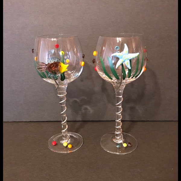 Summer Fun 3D Beaded Murano Glass Goblets, Water, Wine, 12 oz., Fish, Starfish, Wire Wrapped Stems, Home Essentials, Vintage