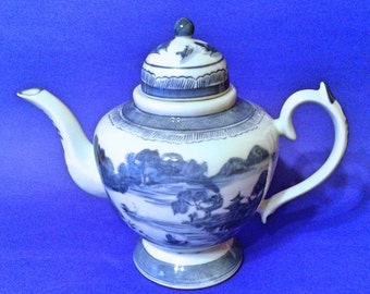 Vintage Chinese Tea Pot, Yongzheng Nian Zhi,  Blue, Scenic, Water, Ships, Mountains, Trees, Pagoda, Bridge, 1950's 1960's