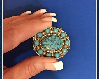 Faux Turquoise Brooch, Nickel Silver, Sunbell Corp., Hallmarked, 1960's 1980