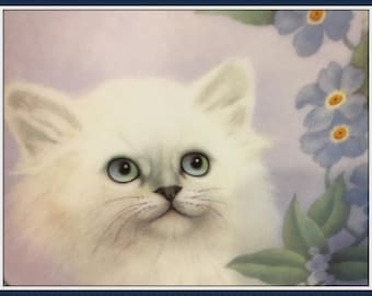 Fluffy White Cat Plate,"Forget Me Not", Artist Bob Harrison, COA, Hamilton Collection, Vintage 1988