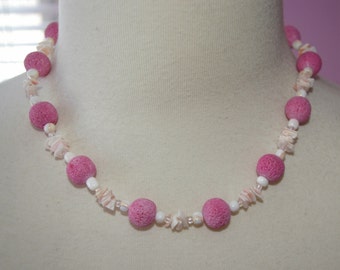 Pink Lava Bead Necklace, Sea Shell Chips, Vintage 1970's 1980's