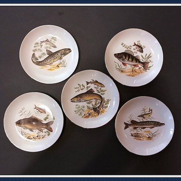 Five Fish Plates, by Naaman Porcelain LTD., Made in Israel, Appetizer, Pike, Seafood, Vintage