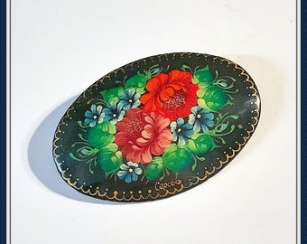 Russian Flower Brooch. Wood, Oval,  Hand Painted, Artist Signed, Vintage  1970's