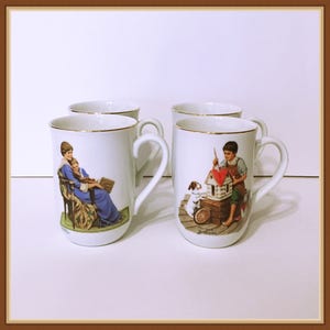 Norman Rockwell Coffee Cups, Set of 4,  Stamped Seal of Authenticity, Vintage 1982