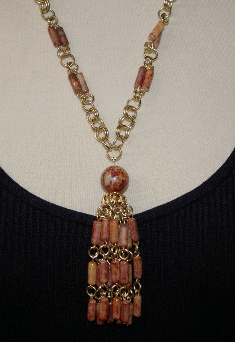 Vintage Brown Tassel Necklace, Super Light Weight, 1970's image 1