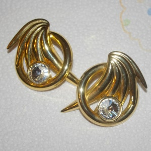 Gold Tone Round Earrings, Spiral Stone, Feather Design, Pierced Vintage 1970's image 2