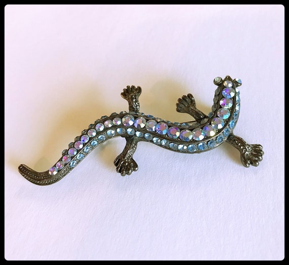 Lizard Rhinestone Brooch, Blue, Purple, Aurora Bo… - image 3