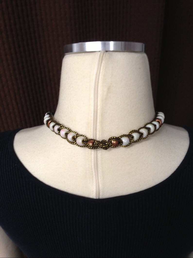 Copper beads Vintage Tassel Necklace White iridescent beads Long Length 1970/'s