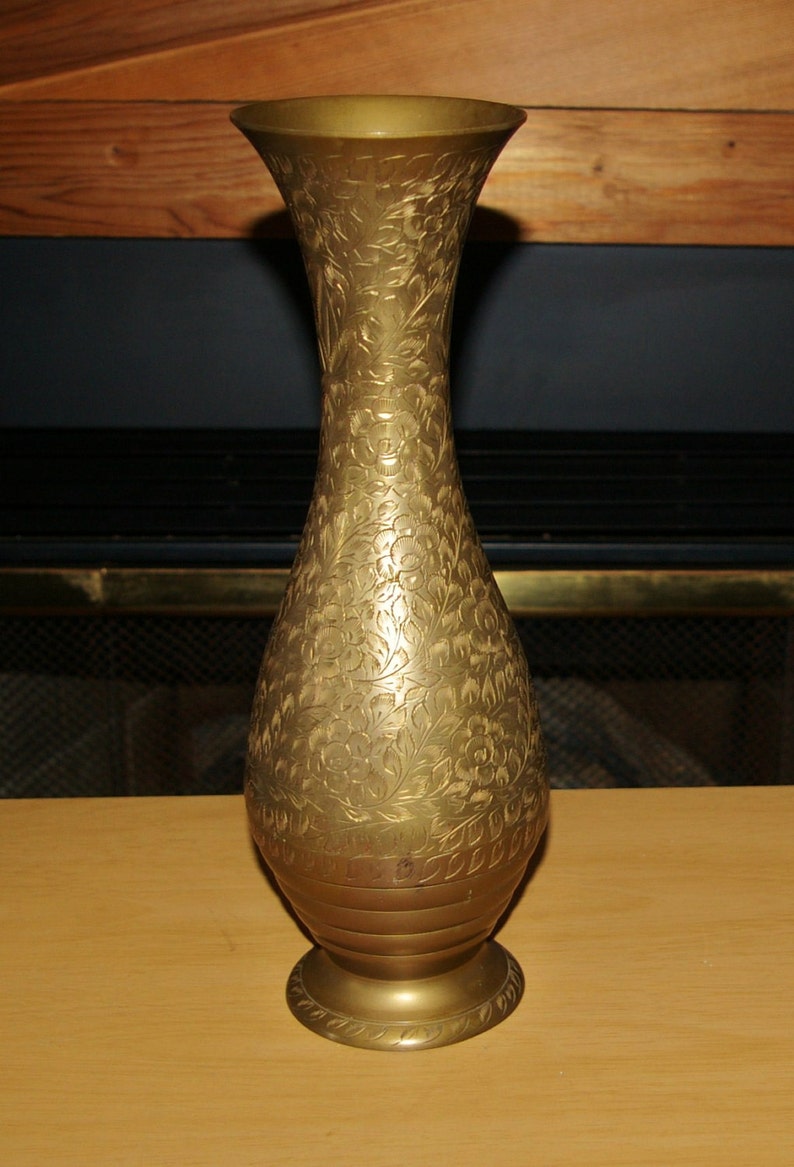 Brass Vase from India Flower Etched Large Size On SALE Etsy